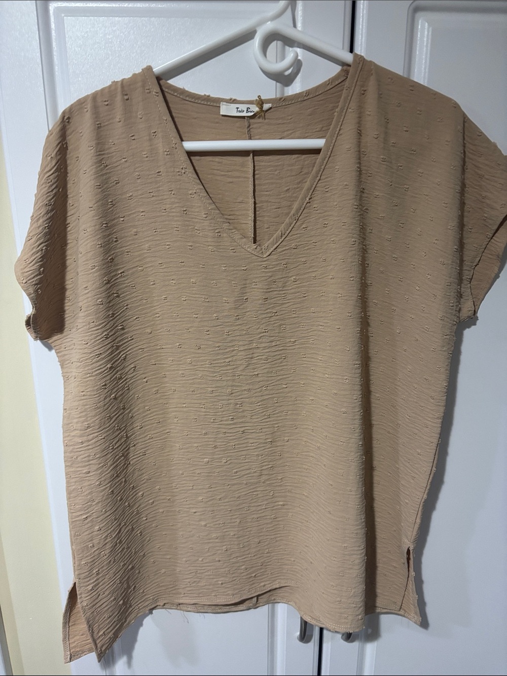 Tres Bien Taupe Textured V-Neck Blouse